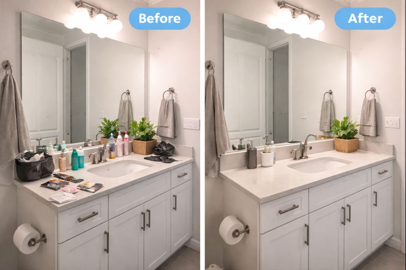 Bathroom before and after cleaning by Nexa Maid